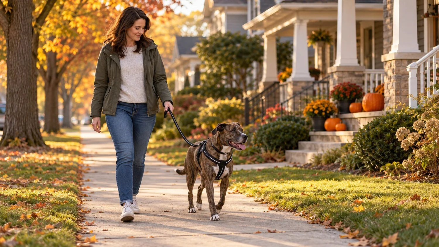 A woman walks a brindle dog on a reflective leash along a quiet sidewalk beside a porch decorated with pumpkins.
