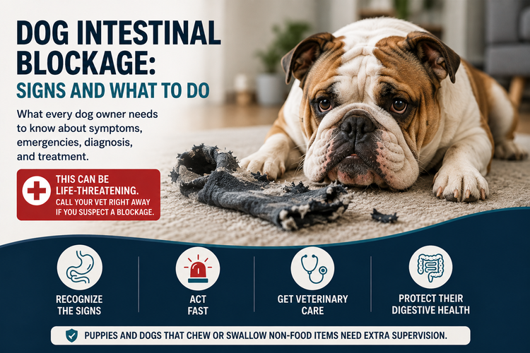 Bulldog beside a shredded sock illustrating warning signs and emergency care for dog intestinal blockage