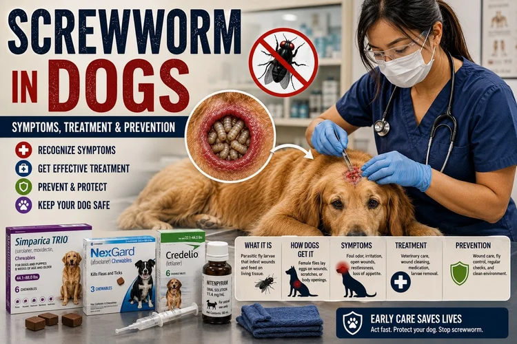 Veterinarian treating a dog beside a guide to screwworm symptoms, treatment, and prevention.