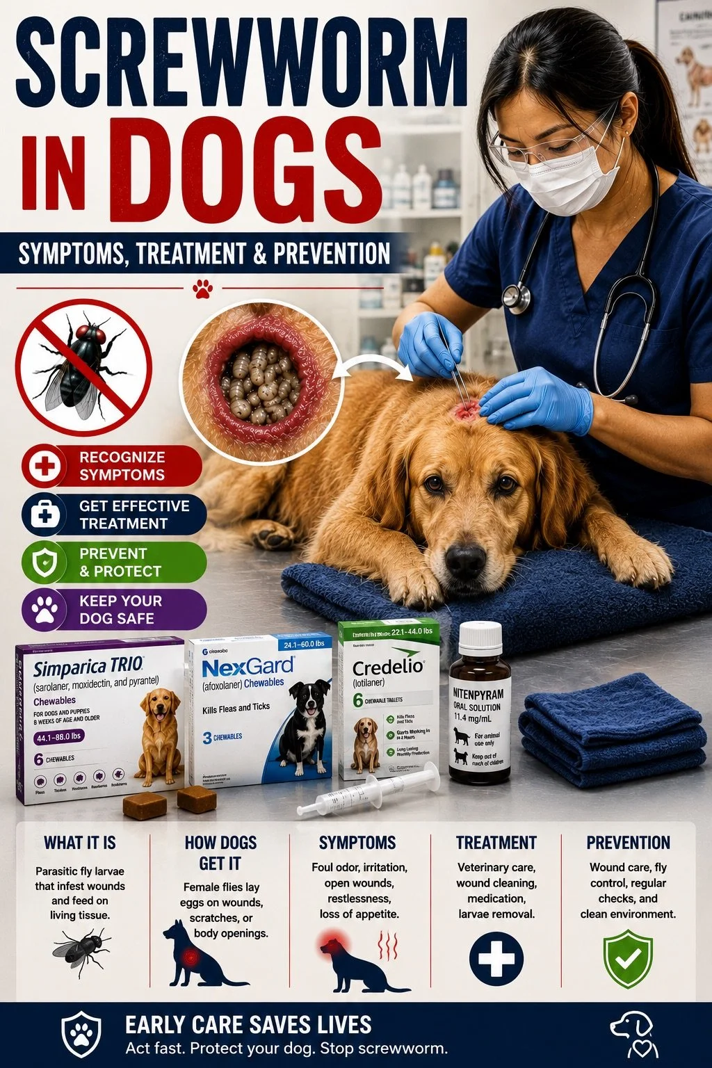 A veterinary infographic showing a veterinarian treating a golden retriever, with visual guidance on screwworm symptoms, treatment, and prevention for dog owners.