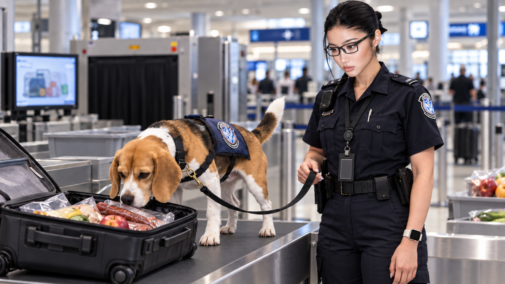 Beagle detector dog inspecting an open suitcase beside its handler at an airport.