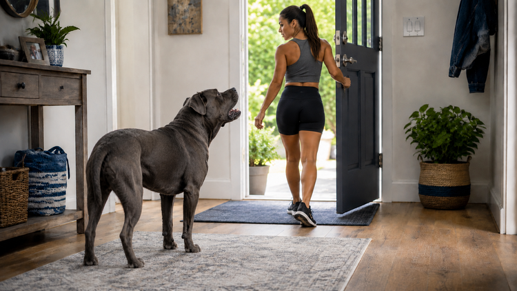 A gray Cane Corso watches and barks as his owner walks through an open front door