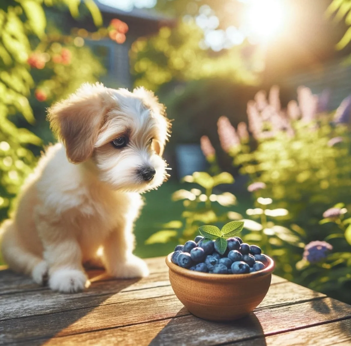 A dog sitting in a lush garden beside a bowl of fresh blueberries