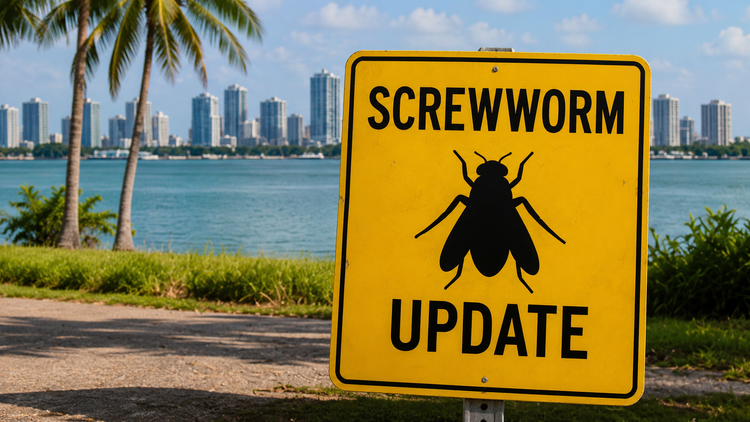 Yellow Screwworm Update warning sign with fly symbol overlooking a South Florida waterfront