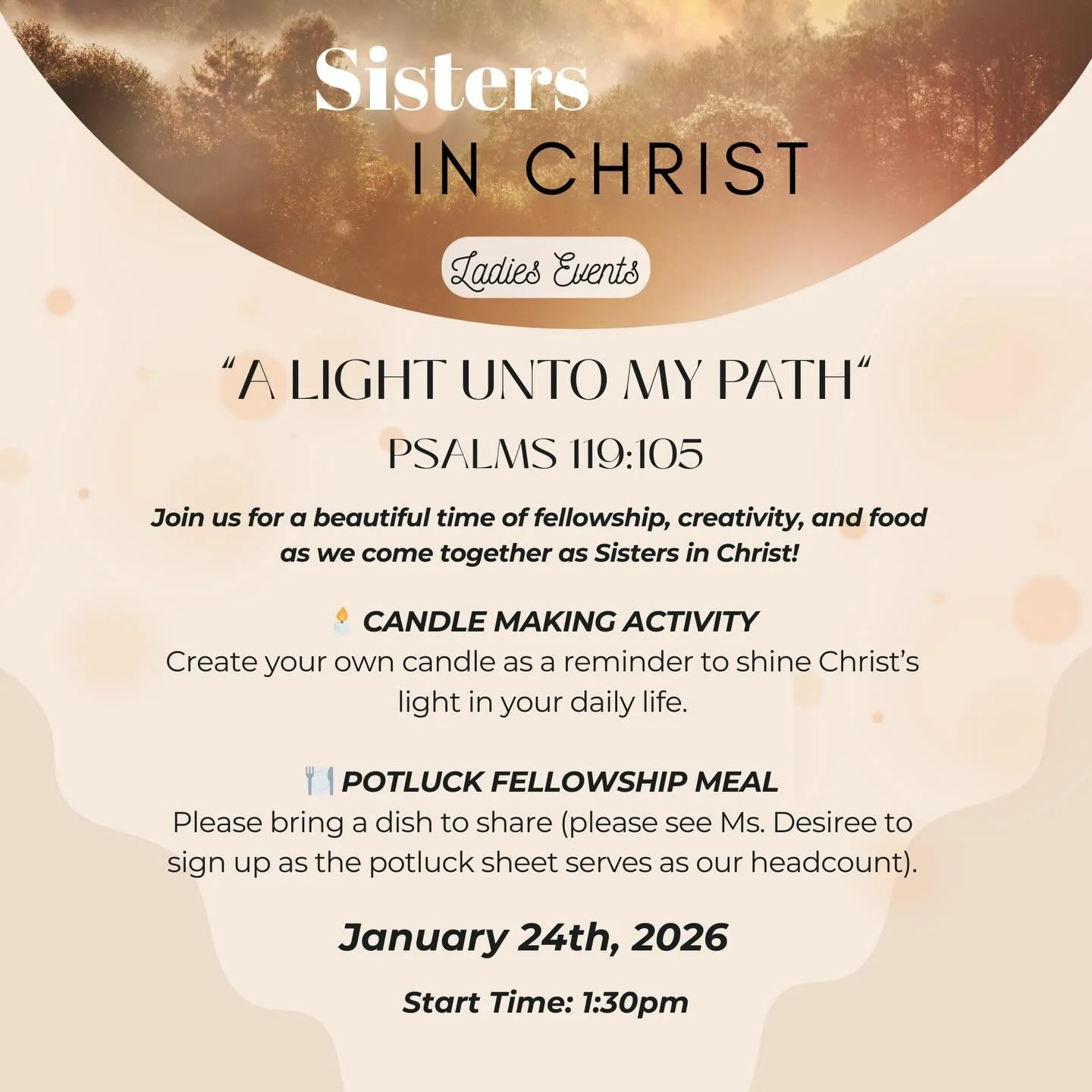 English Ministry Ladies- We are excited to announce our first Sister&rsquo;s in Christ Ladies Event of the year will be on January 24th, 2026 at 1:30pm✨ 

Join us for a time of fellowship, fun, candle-making, food, and time with Christ. Our event wil