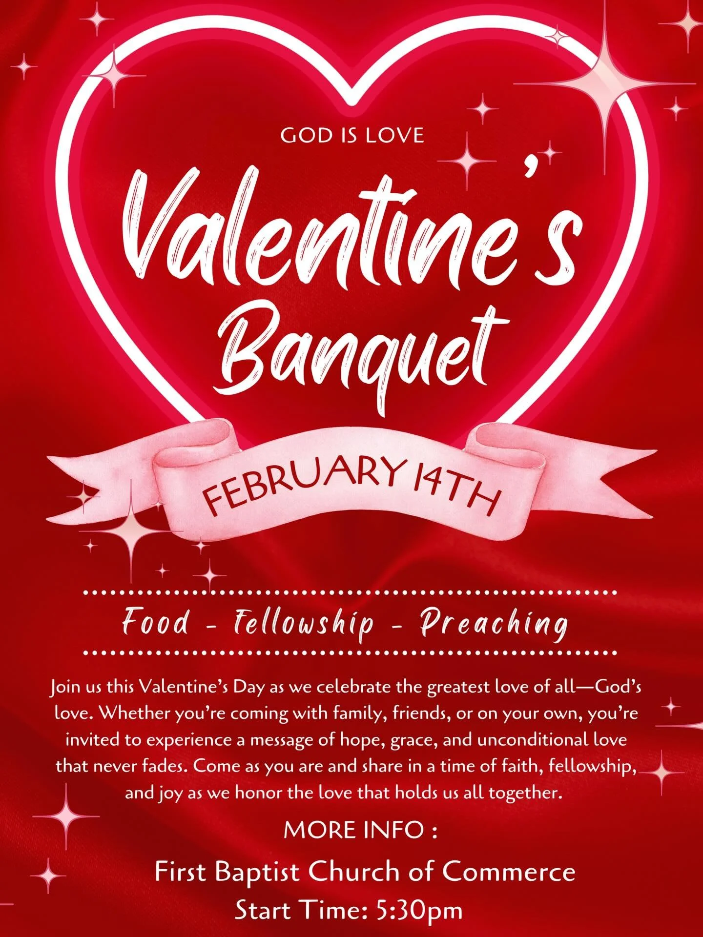 Join us this Valentine&rsquo;s Day as we celebrate the greatest love of all&mdash;God&rsquo;s love&hearts;️

INFO:
FBCC
Start Time: 5:30pm 
Combined Service: English &amp; Spanish 
Food will be provided- Donations are welcome💫