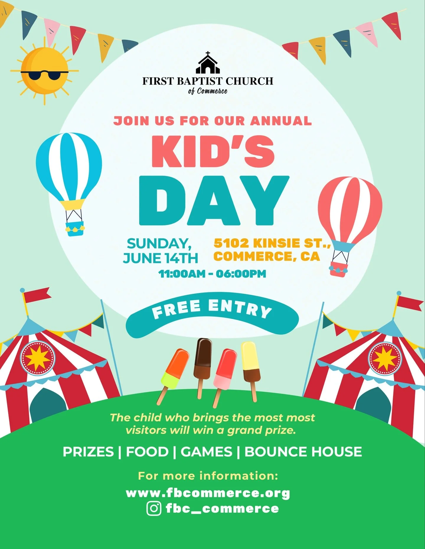 Join us for our ANNUAL KIDS DAY on June 14th🎡💕
Food | Games | Prizes | Bounce House 
The child who brings the most children will win a grand prize!