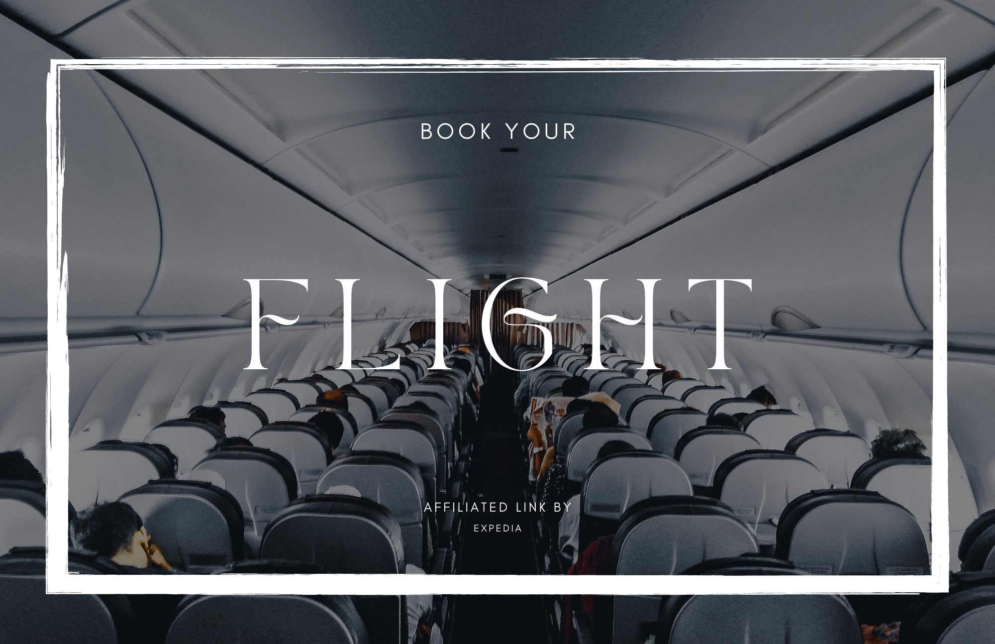 Interior of an airplane cabin filled with seated passengers, with text overlayed reading 'Book Your Flight' and 'Affiliated Link by Expedia'.