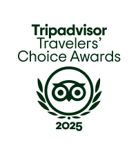 Tripadvisor Travelers' Choice Awards 2025 logo with green text and a laurel wreath surrounding glasses icon.