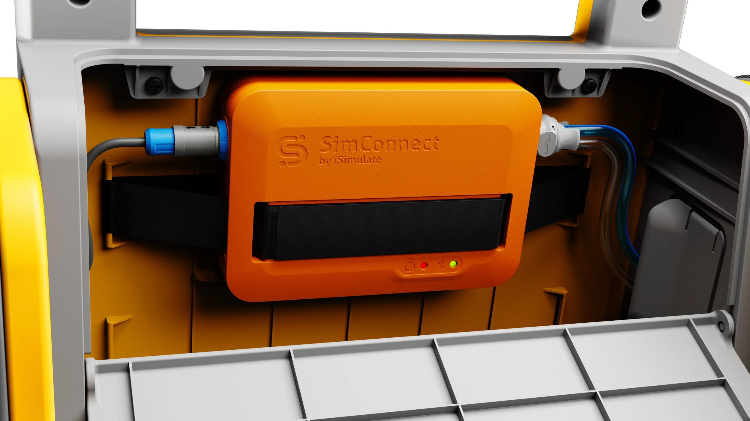Close-up industrial design rendering of SimConnect device by iSimulate inside a grey and yellow compartment with attached cables and indicators.