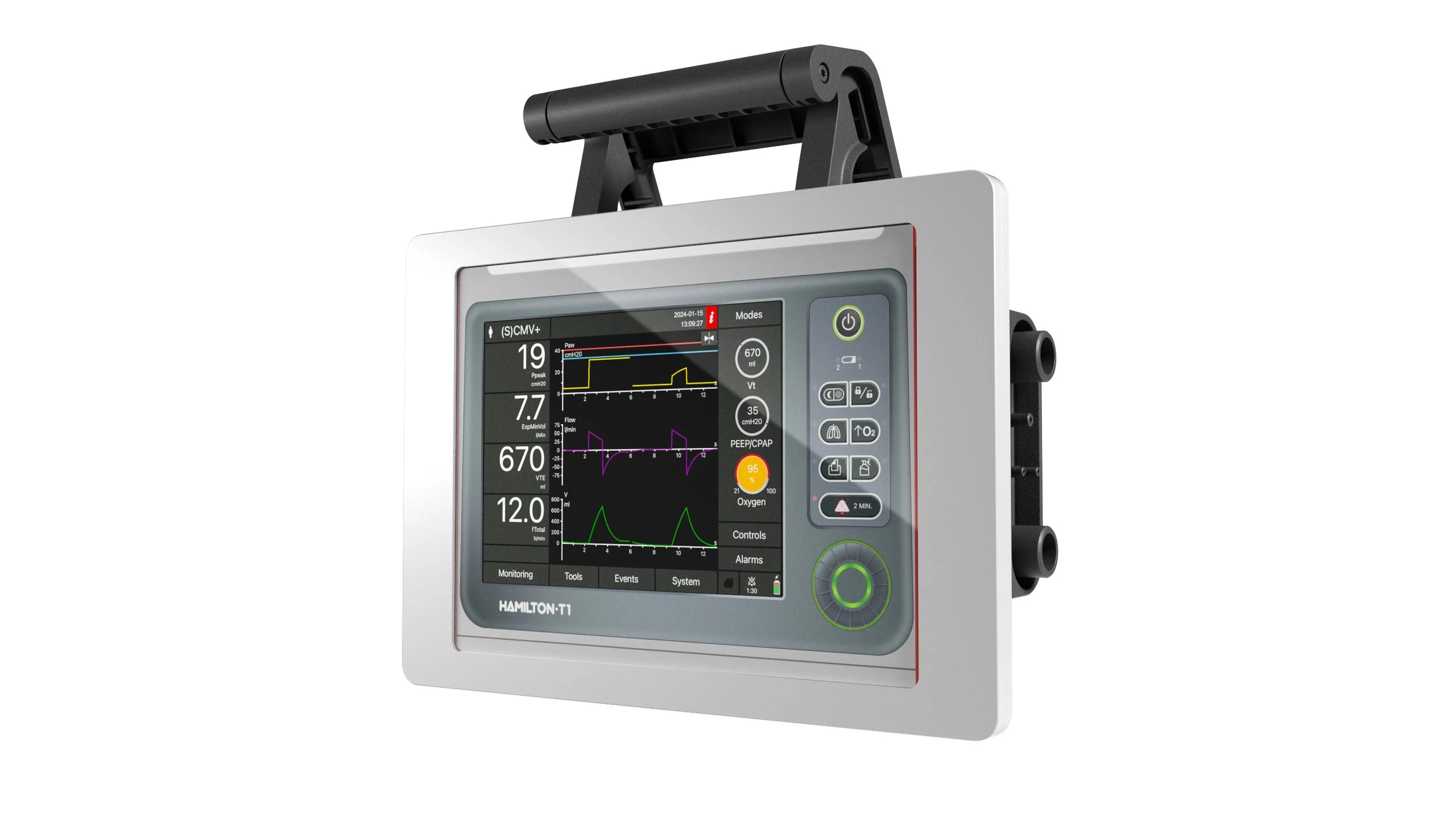 Industrial design rendering of iSimulate's portable Hamilton T1 medical ventilator simulator with display showing respiratory data and controls.