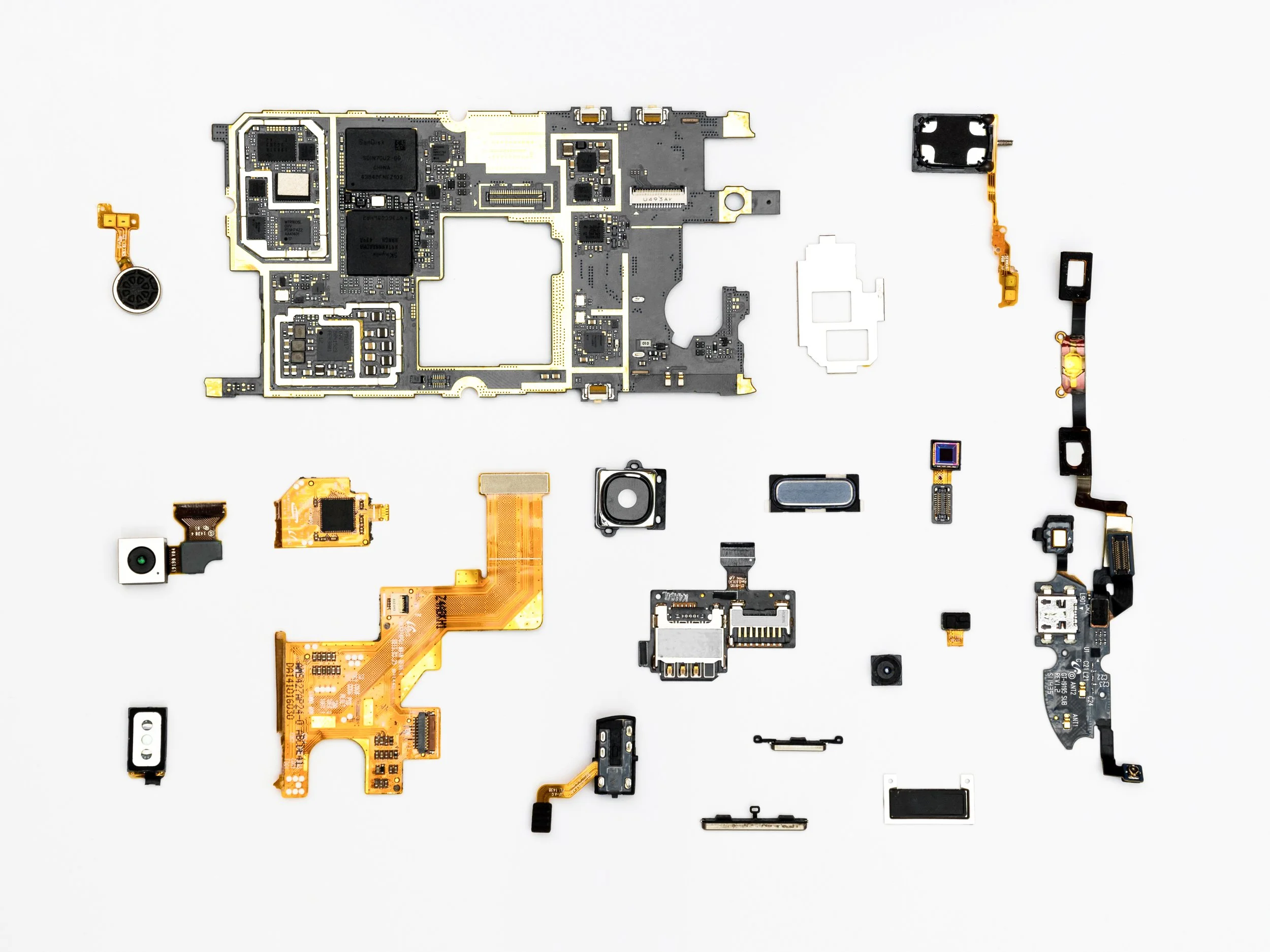 Disassembled smartphone components, including a motherboard, circuit boards, cameras, speakers, buttons, flex cables, and other replacement parts on a white background.