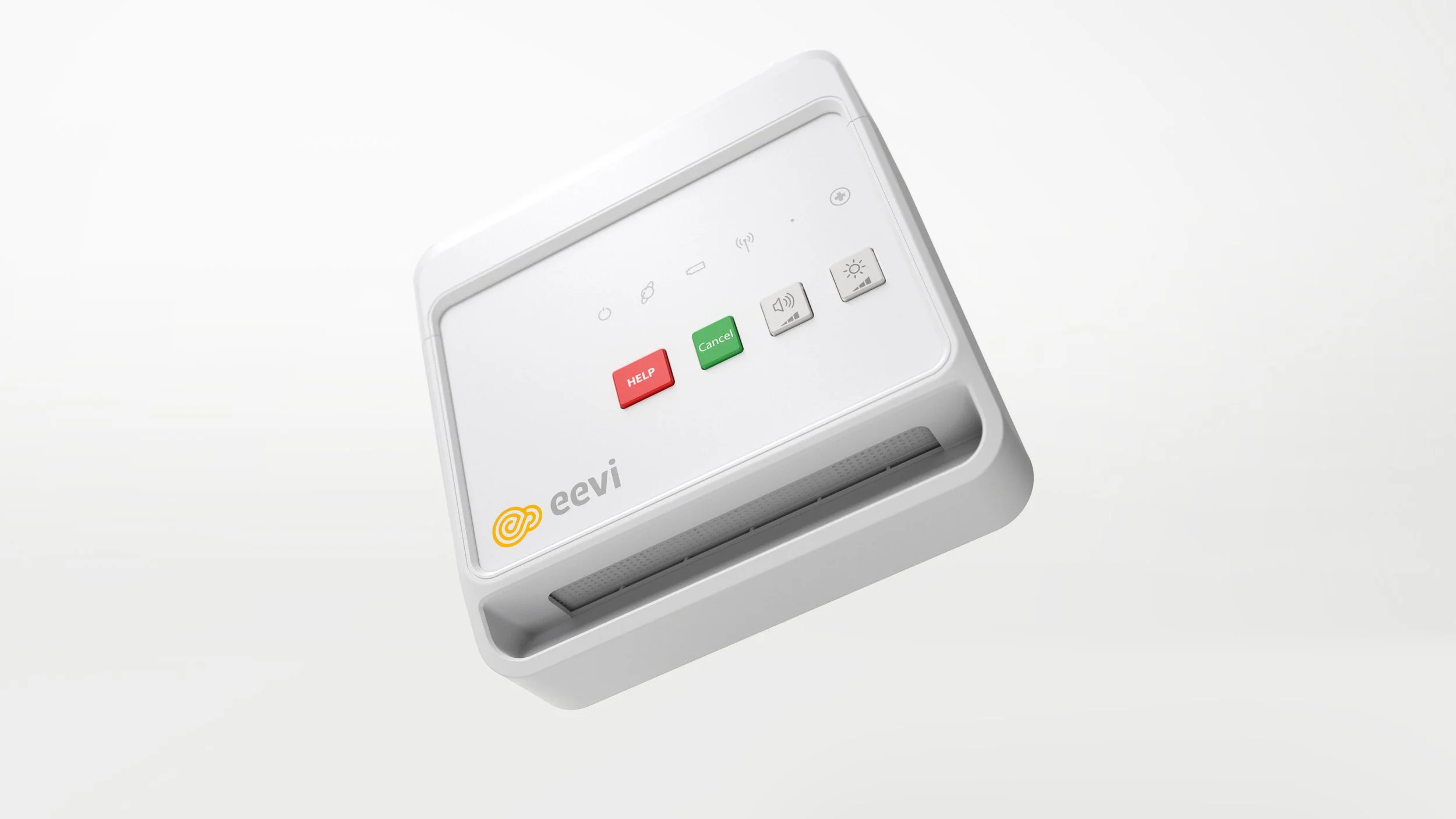 Industrial design rendering of Eevi Gateway emergency alert device fitted with wall-mounting bracket
