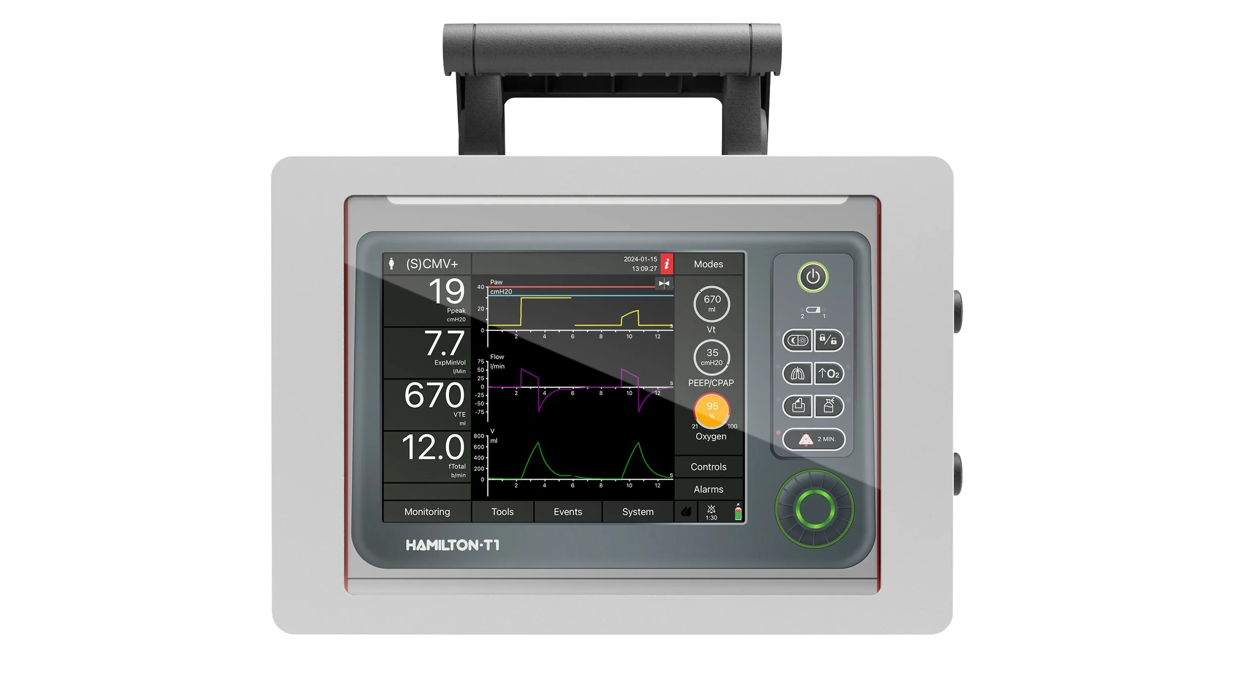 Industrial design rendering of iSimulate's portable Hamilton T1 medical ventilator simulator with display showing respiratory data and controls.