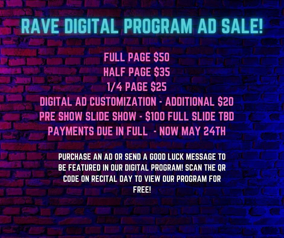 Did you miss our digital ad sale? We are extending it until next Friday! Please email ads and photos studio@ravedancecomplex.com