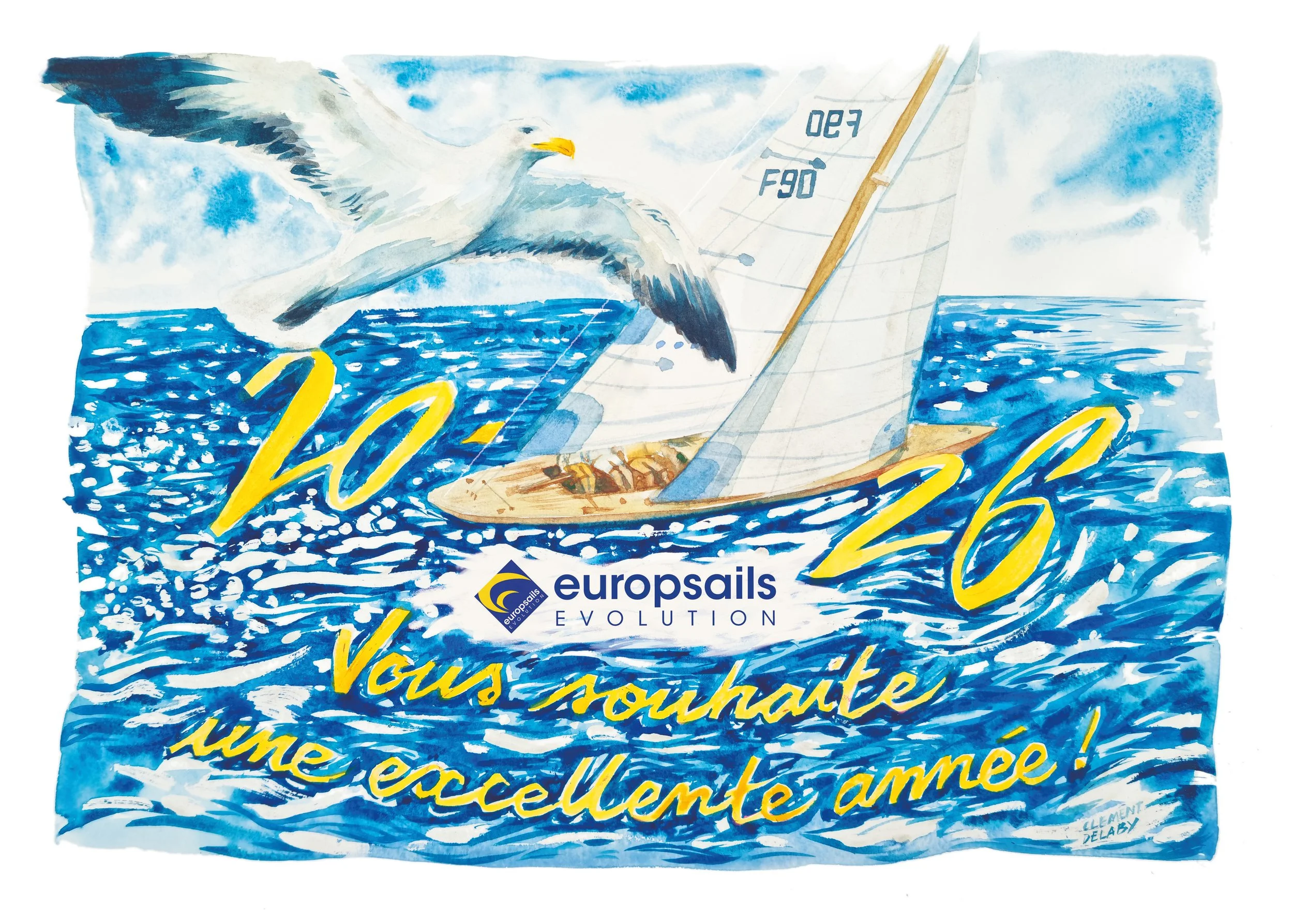 Photo d'un voilier avec une voile en mer sous un ciel bleu avec quelques nuages, vue de la proue vers l'arrière et l'île en arrière-plan.