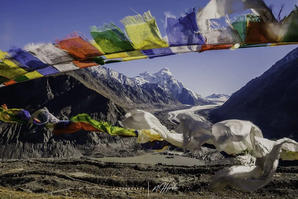Prayer flags and glacier Suru Valley Ladakh India.