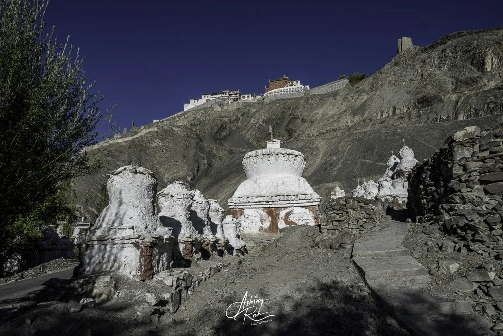 View over Chorten's to Temisgam monastery Ladakh India.
