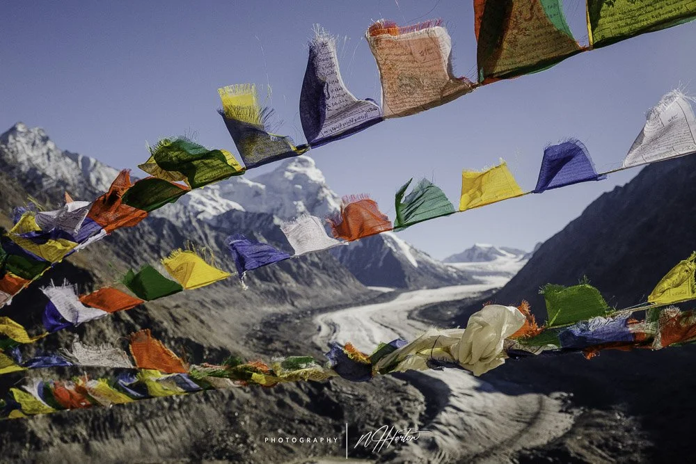 Prayer flags and glacier Suru Valley Kashmir India.