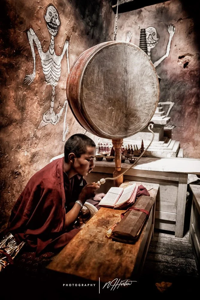 Portrait of novice monk learning scripture in Ladakh