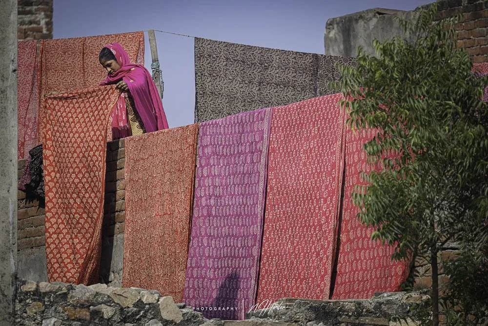 Drying block print fabrics Bagara, Rajasthan, India