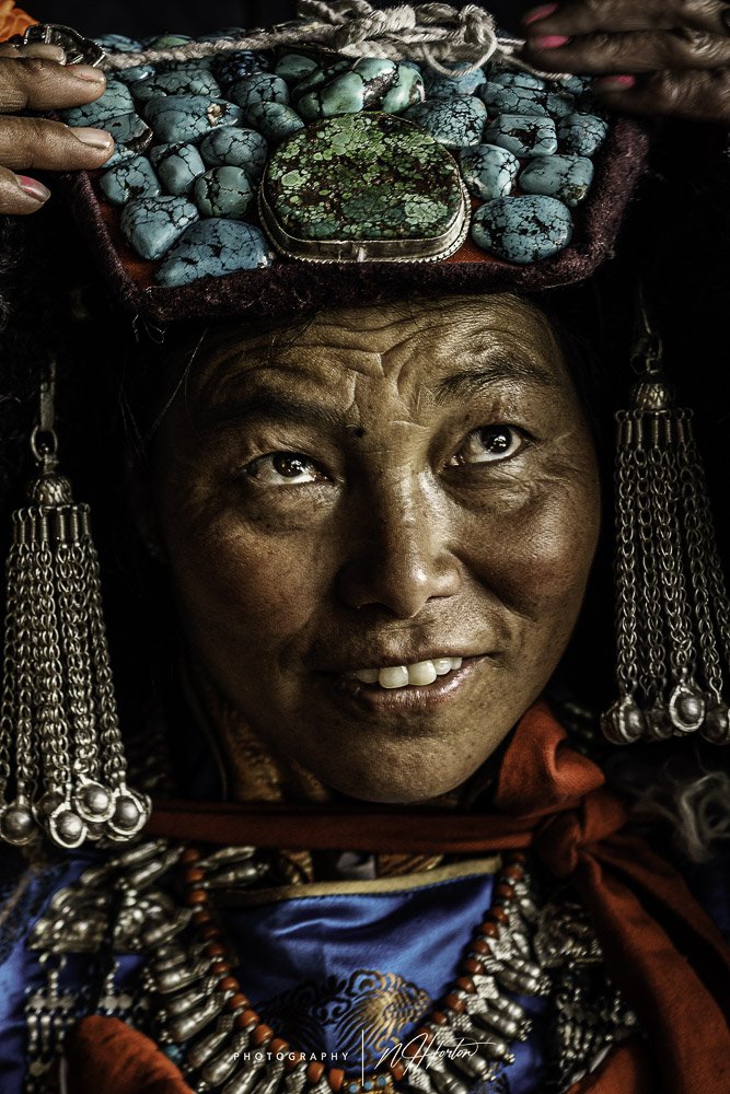 Portrait of Ladakh lady in traditional dress Zanskar India