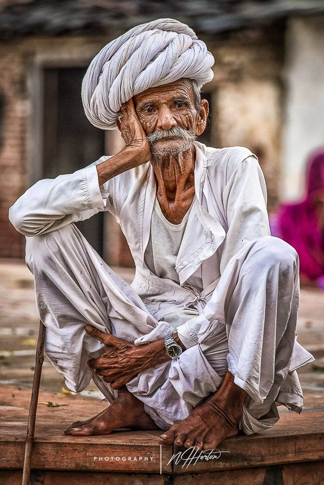 Portrait of elderly man with white turban in Rajasthan, India