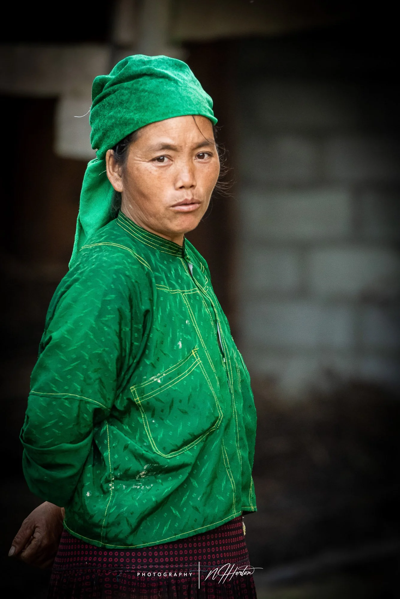 Hill-tribe lady with green head scarf North Vietnam