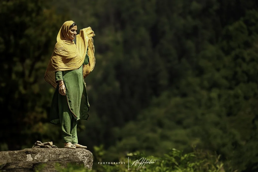 Lady in forested valley, Kashmir
