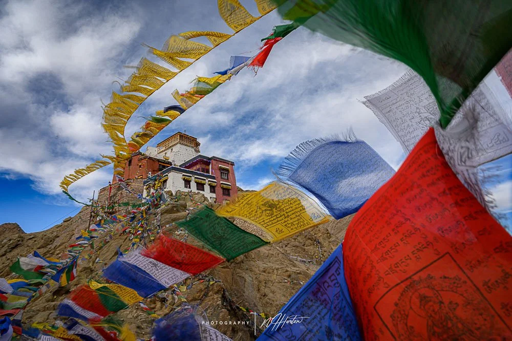 Prayer flags stretching to Leh Monastery, Ladakh, India
