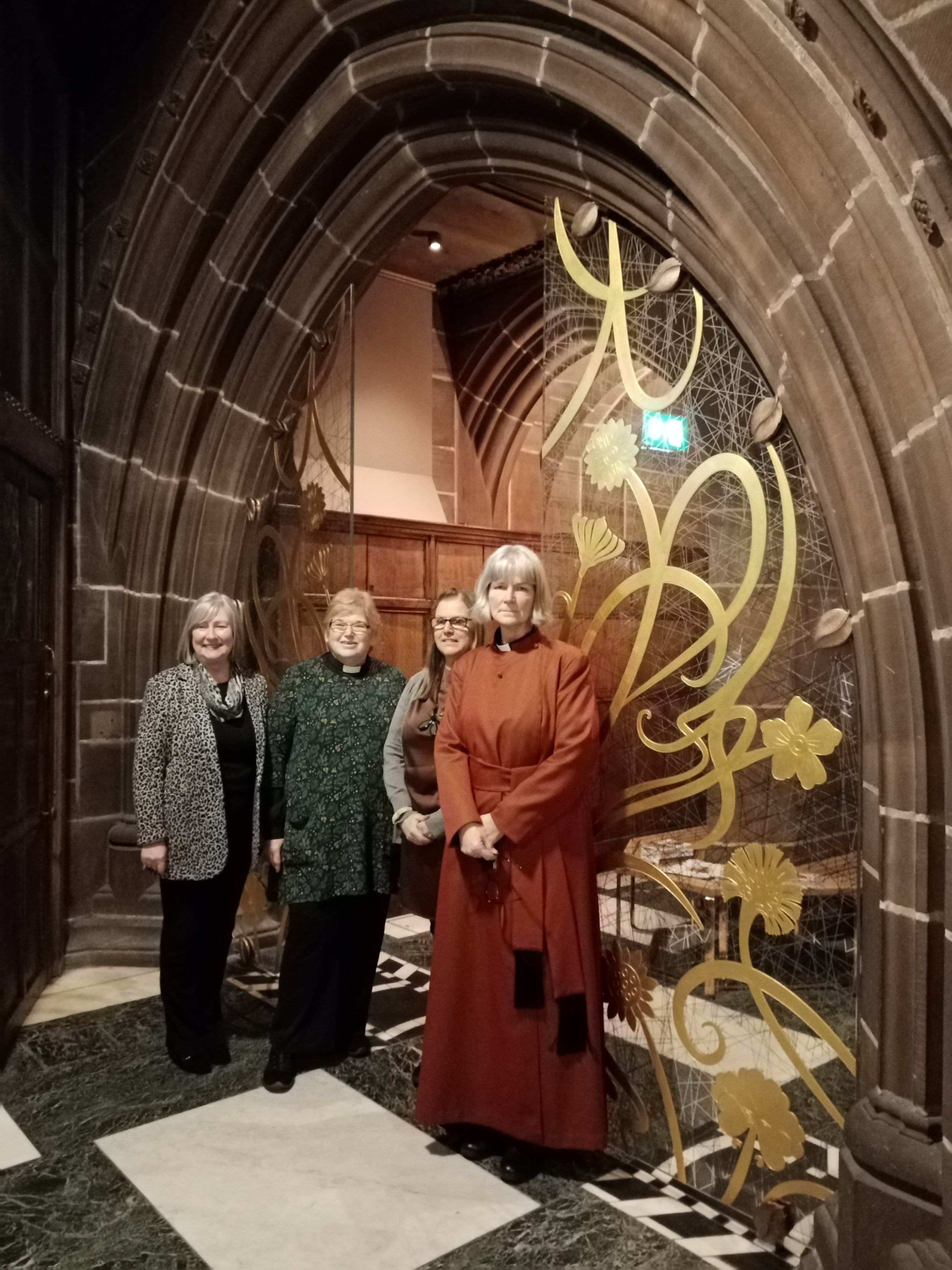 Josephine Butler screen in the Lady Chapel, Liverpool Anglican Cathedral
Left to right: Pauline Lewis, Revd Canon Cynthia Dowdle ODE,
Sarah Galloway(Glass Artist),
Very Revd Dr Sue Jones(Dean of the Anglican Cathedral)
