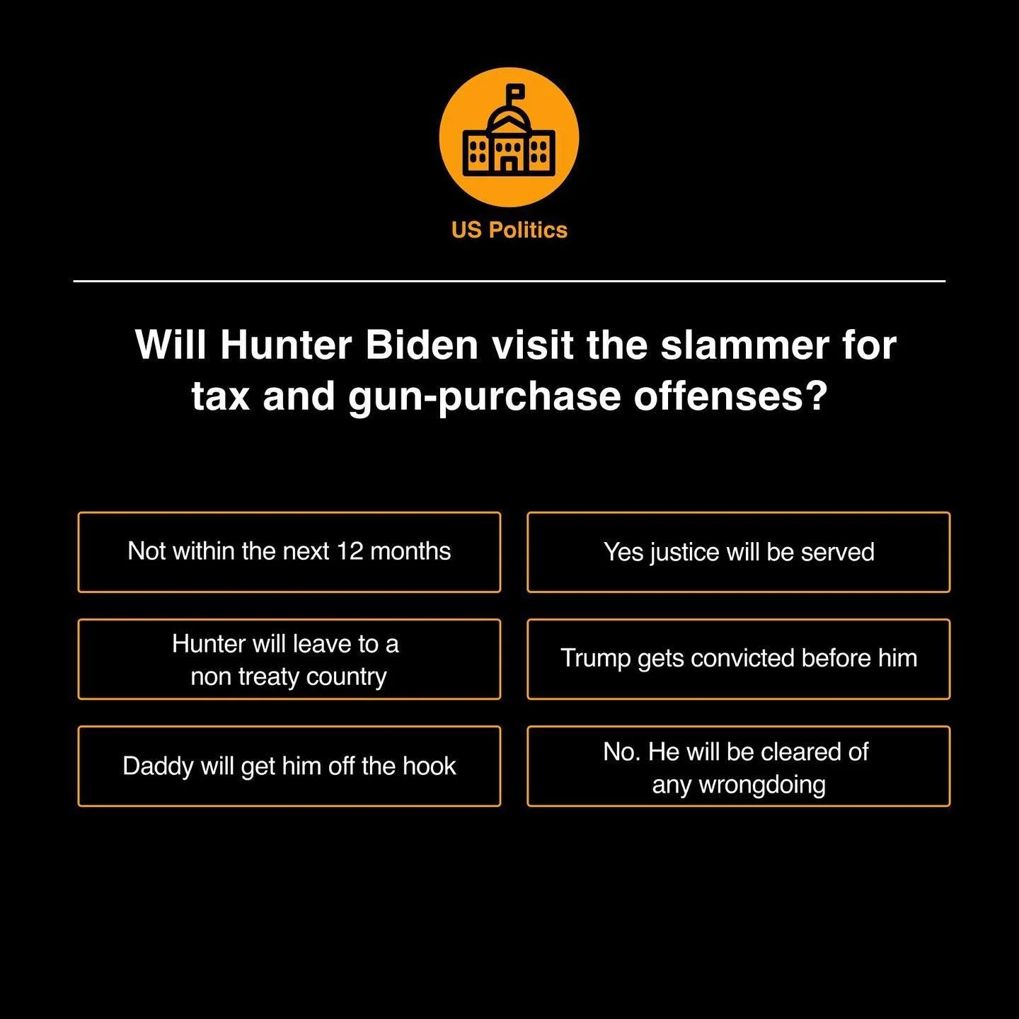 Will Hunter Biden visit the slammer for tax and gun-purchase offenses?

#quiz #quiztime #quizinstagram #currentaffairs #trivia #quizzes #facts #knowledge #generalknowledge #fun #quiznight #education #pubquiz #quizzing #instagram #dailyquiz #study #ga