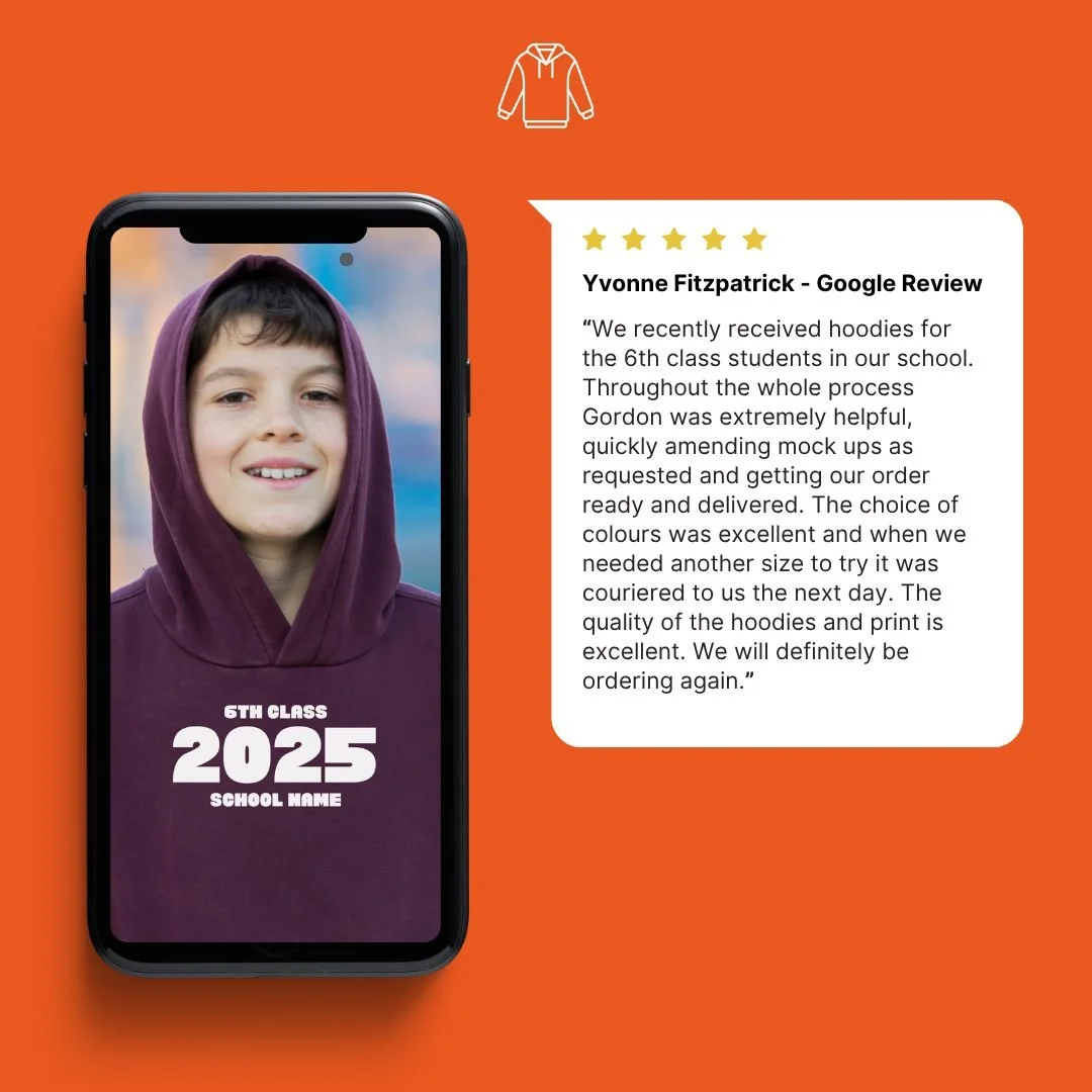 ✨ 6th Class Memories 🎉

&ldquo;We recently received hoodies for the 6th class students in our school in Lucan. Throughout the whole process Gordon was extremely helpful, quickly amending mock ups as requested and getting our order ready and delivere