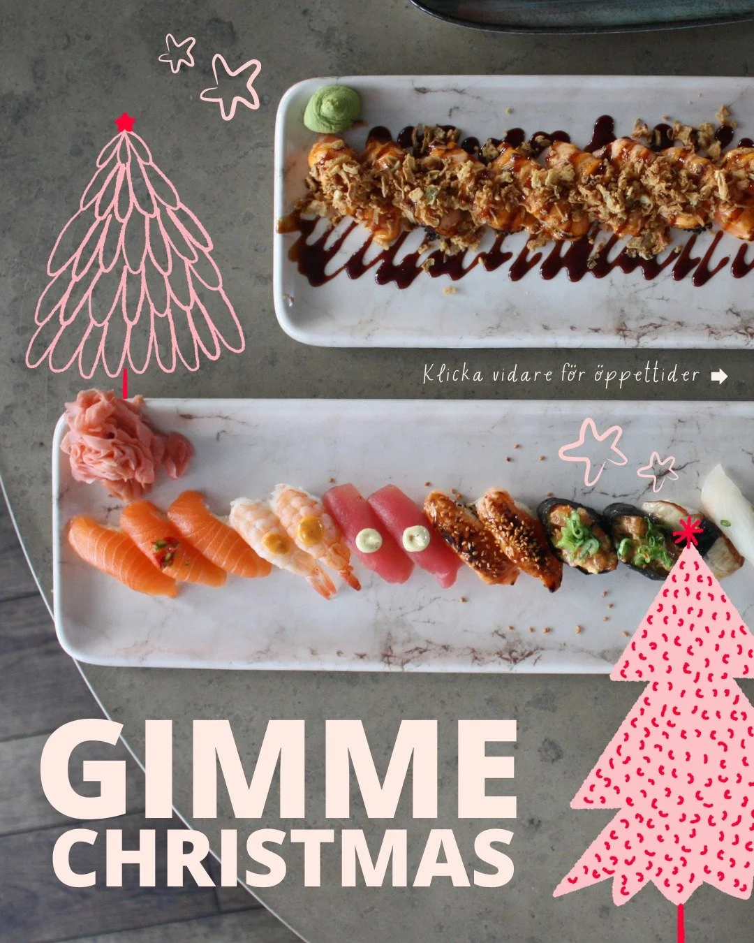 GIMME CHRISTMAS 🎄🩷 Julen n&auml;rmar sig med stormsteg och vi p&aring; Gimme Sushi vill redan nu &ouml;nska er en riktigt mysig och god juletid!
Vi h&aring;ller julst&auml;ngt 24-25 december samt runt ny&aring;rsafton, men &ouml;vriga dagar h&aring