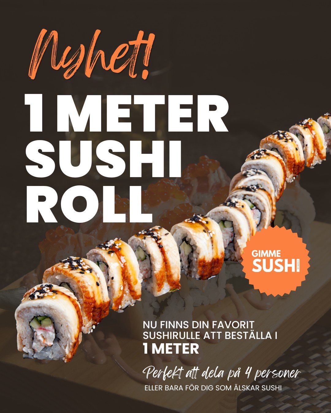 NYHET!  Nu tar vi sushin till n&auml;sta niv&aring; &ndash; 1 meter sushiroll!
Din favorit, fast i XL-format 😍 Perfekt att dela&hellip; eller inte!

Finns att best&auml;lla fr&aring;n och med idag (f&ouml;rsta april 😉) 
Tagga n&aring;gon som borde 