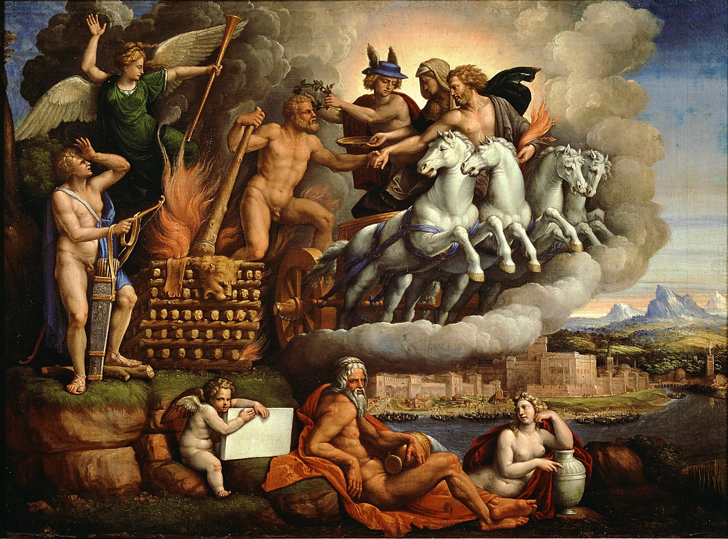 BENVENUTO TISI, IL GAROFALO
(Ferrara 1481 – 1559)
The Apotheosis of Hercules: Hercules stepping from his Pyre onto the Four-Horse Chariot, being greeted by Zeus, Minerva and Mercury, with Fame and Philoctetes to the left and Neptune and a Water Nymph