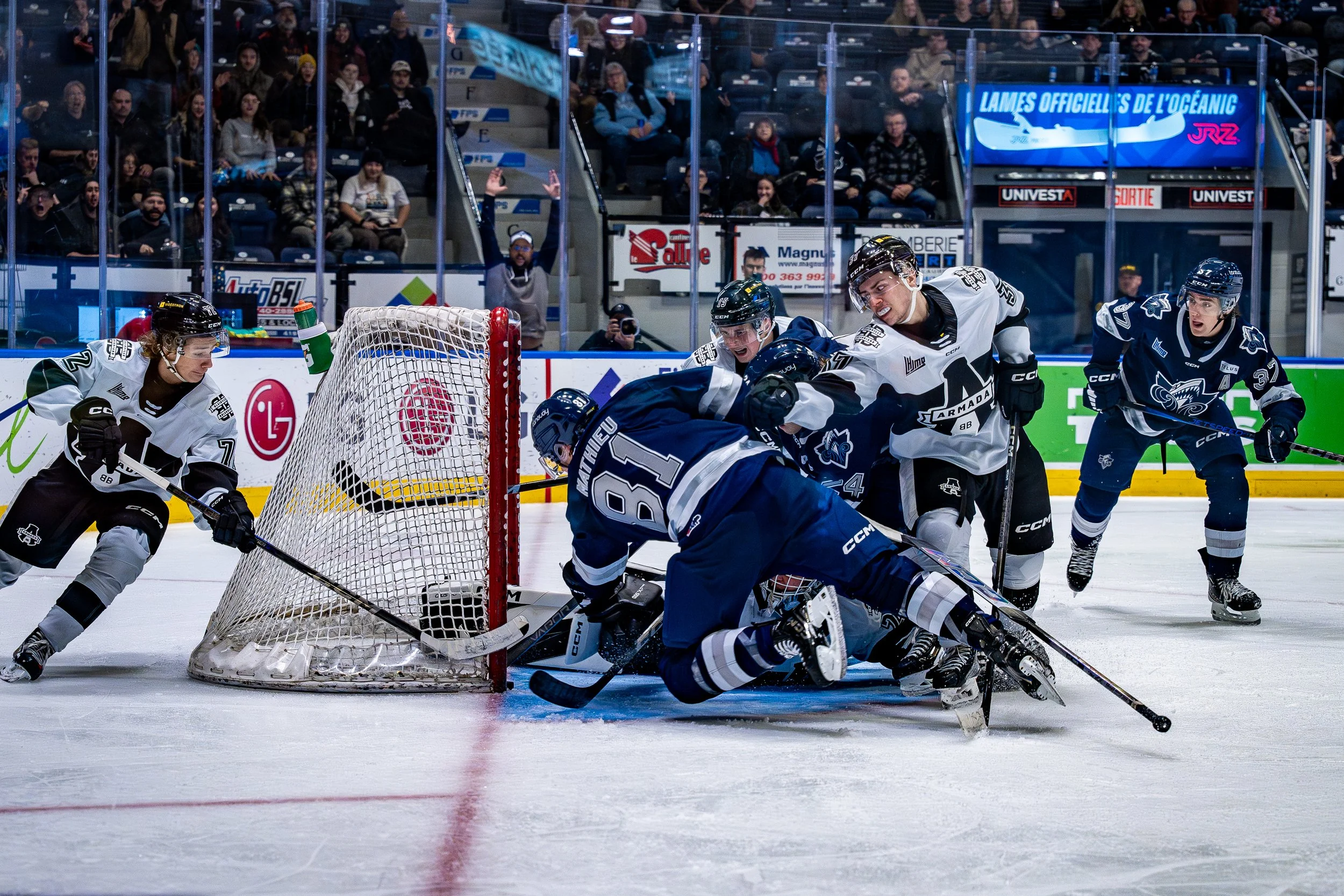 Ice hockey players in white and blue jerseys fighting for the puck in front of the net, with one player reaching over the goalie on the ice. Spectators watch from the stands in the background.