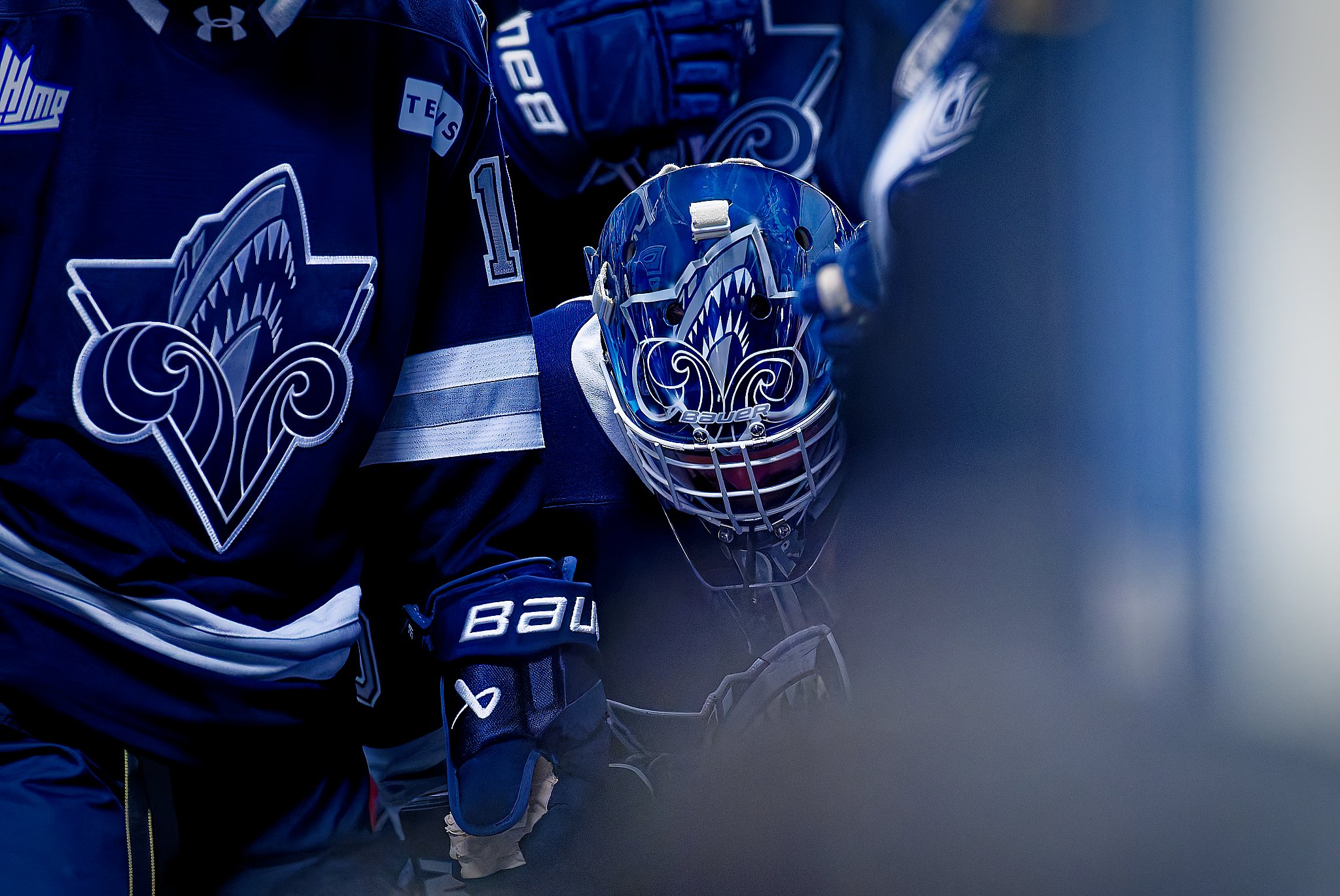 A hockey goalie crouched down on the ice in front of his team. The team jerseys and helmet with a shark logo are primarily navy blue with light blue and white accents.