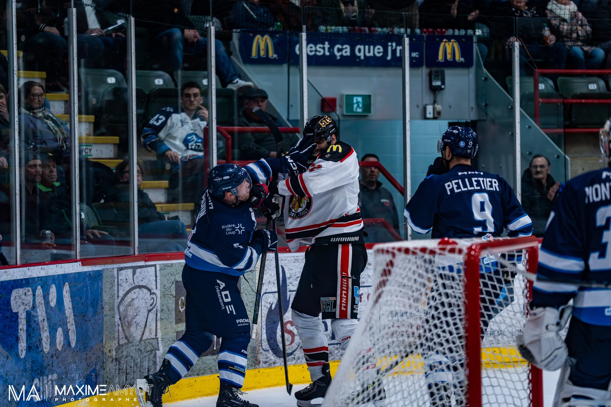 Une scène de hockey sur glace où deux joueurs, dont un en tenue blanche, s'engagent près de la bande. Les spectateurs regardent la partie depuis les gradins.