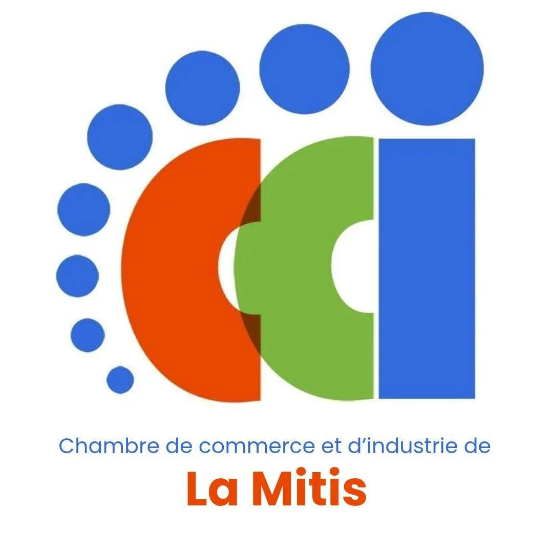 Logo de la Chambre de commerce et d'industrie de La Mitis, avec un design graphique coloré et des formes circulaires et rectangulaires.