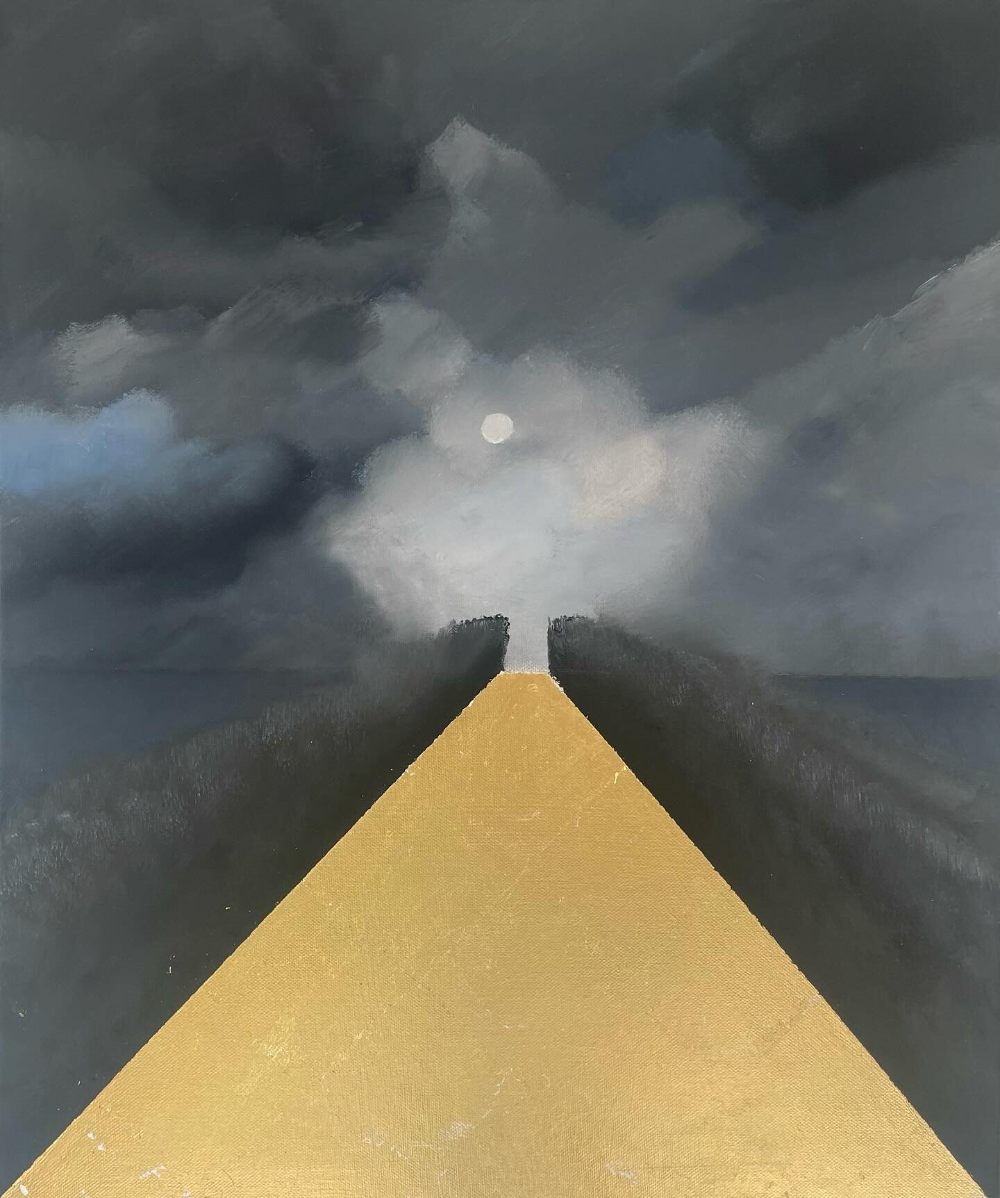 I loved doing the last little one I did with moody sky &amp; gold path so I decided to do a bigger one. All about journeys &amp; finding the way, the path of gold suggests optimism &amp; hope for me, I always have an element of this in my work becaus