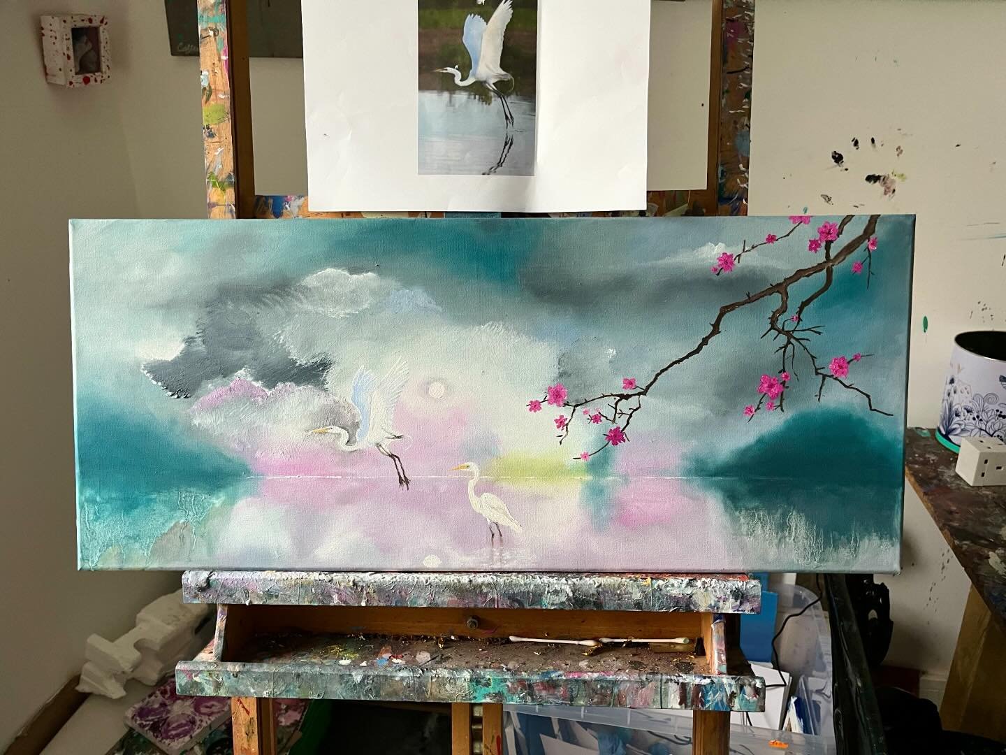 Could not let cherry blossom season go by without a nod to these beautiful trees, so full of optimism, rebirth &amp; new beginnings. I just finished this painting &amp; don&rsquo;t have a title yet. I see herons around where I live here on the West c