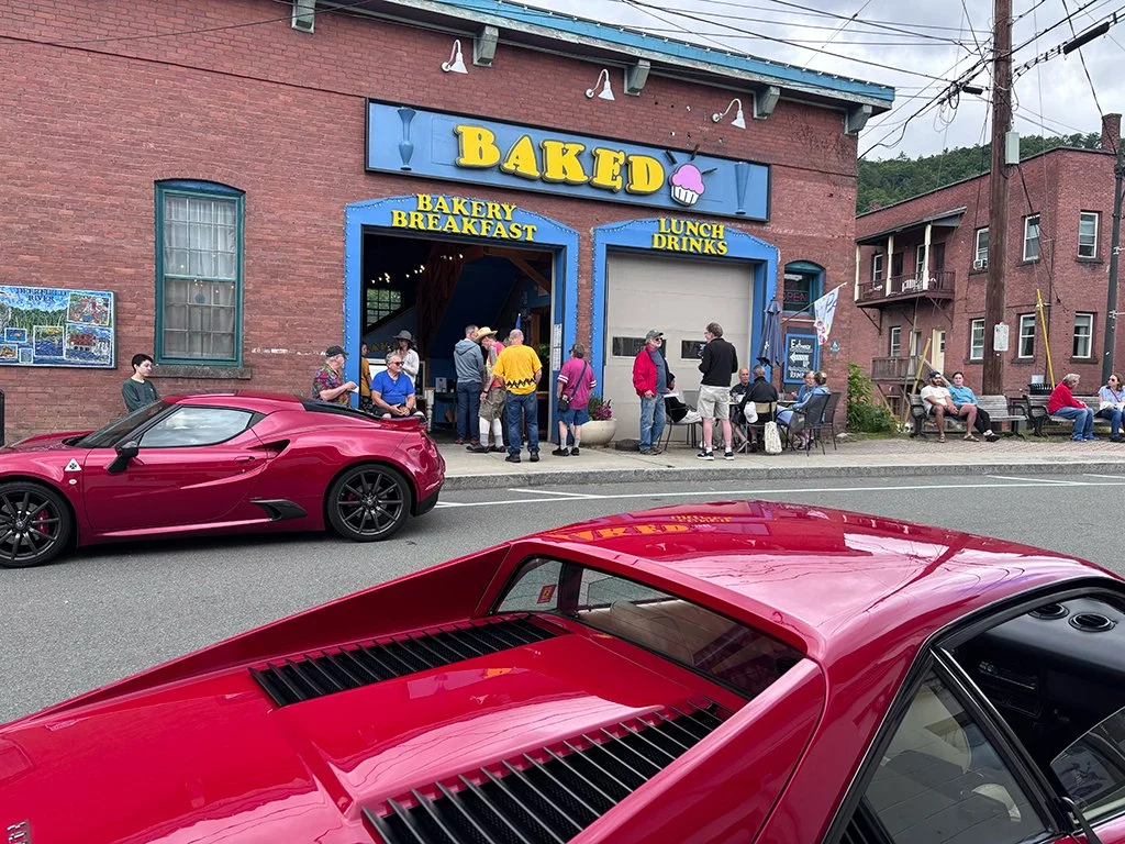 Our cars assemble outside Baked in Shelburne Falls