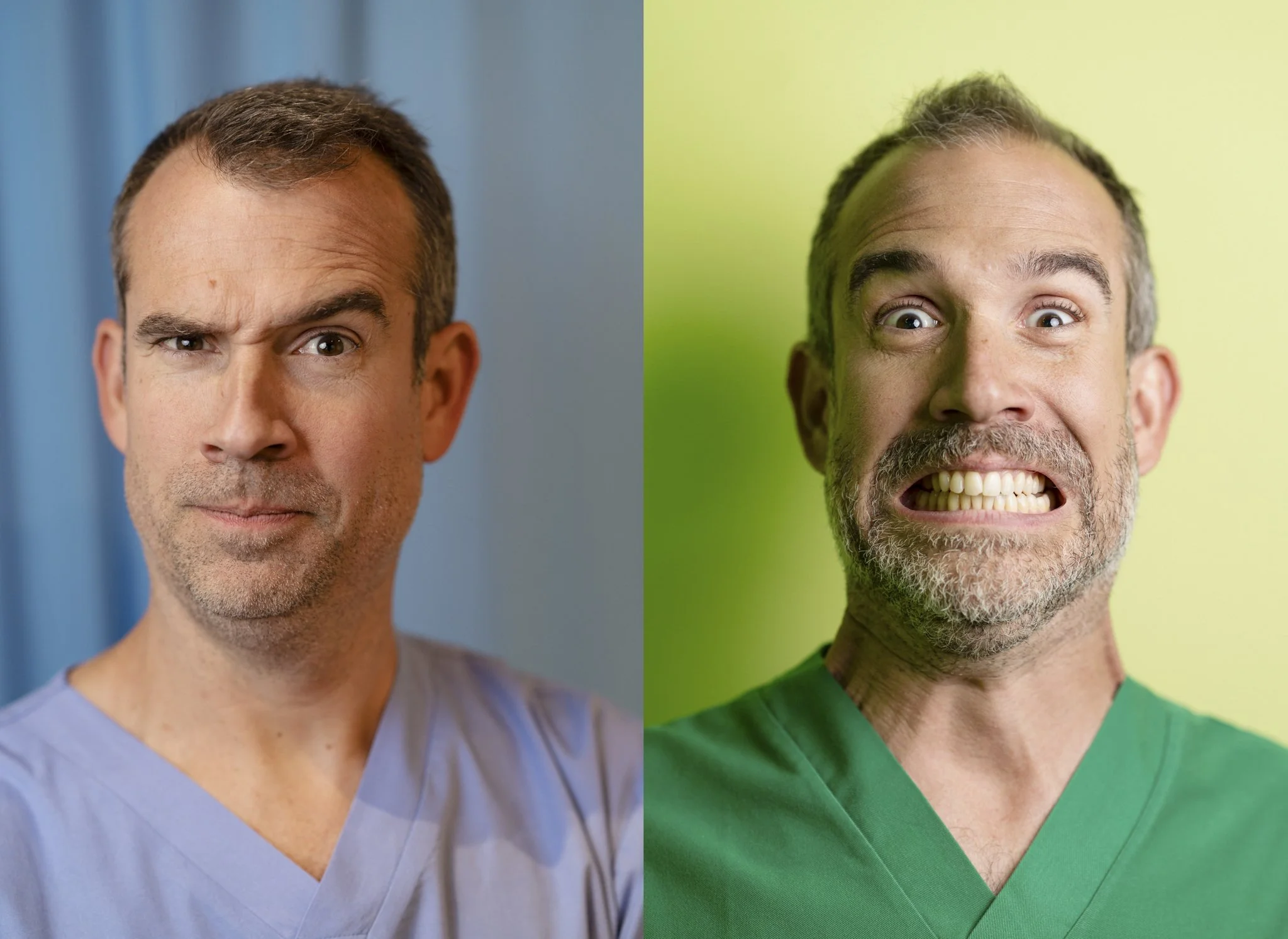 Split image of two men, the man on the left has short brown hair and is wearing medical scrubs with a blue background, the man on the right has gray hair and is smiling widely with a green background.