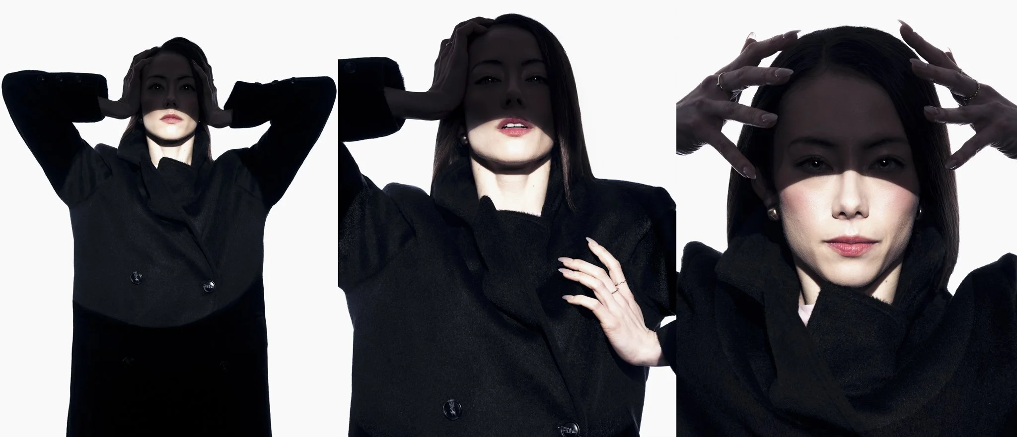 A woman in a black coat posing with her hands on her head in three different positions against a white background.
