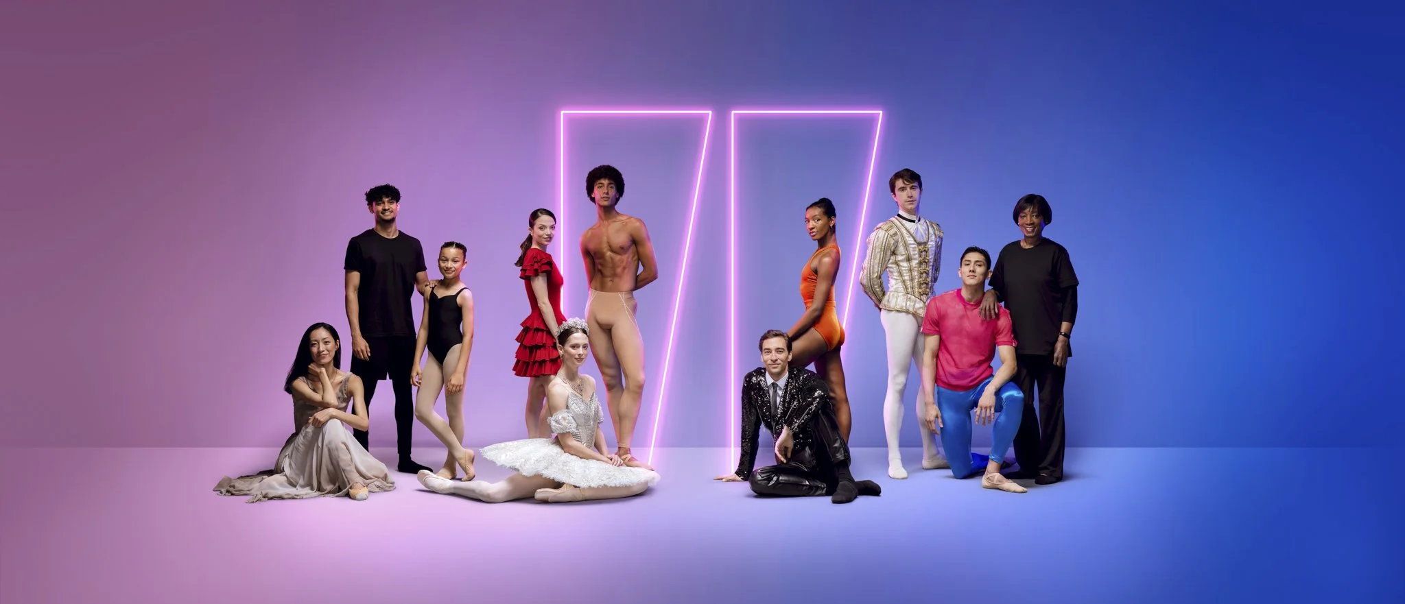 Group of diverse ballet dancers with colorful backgrounds and neon lights