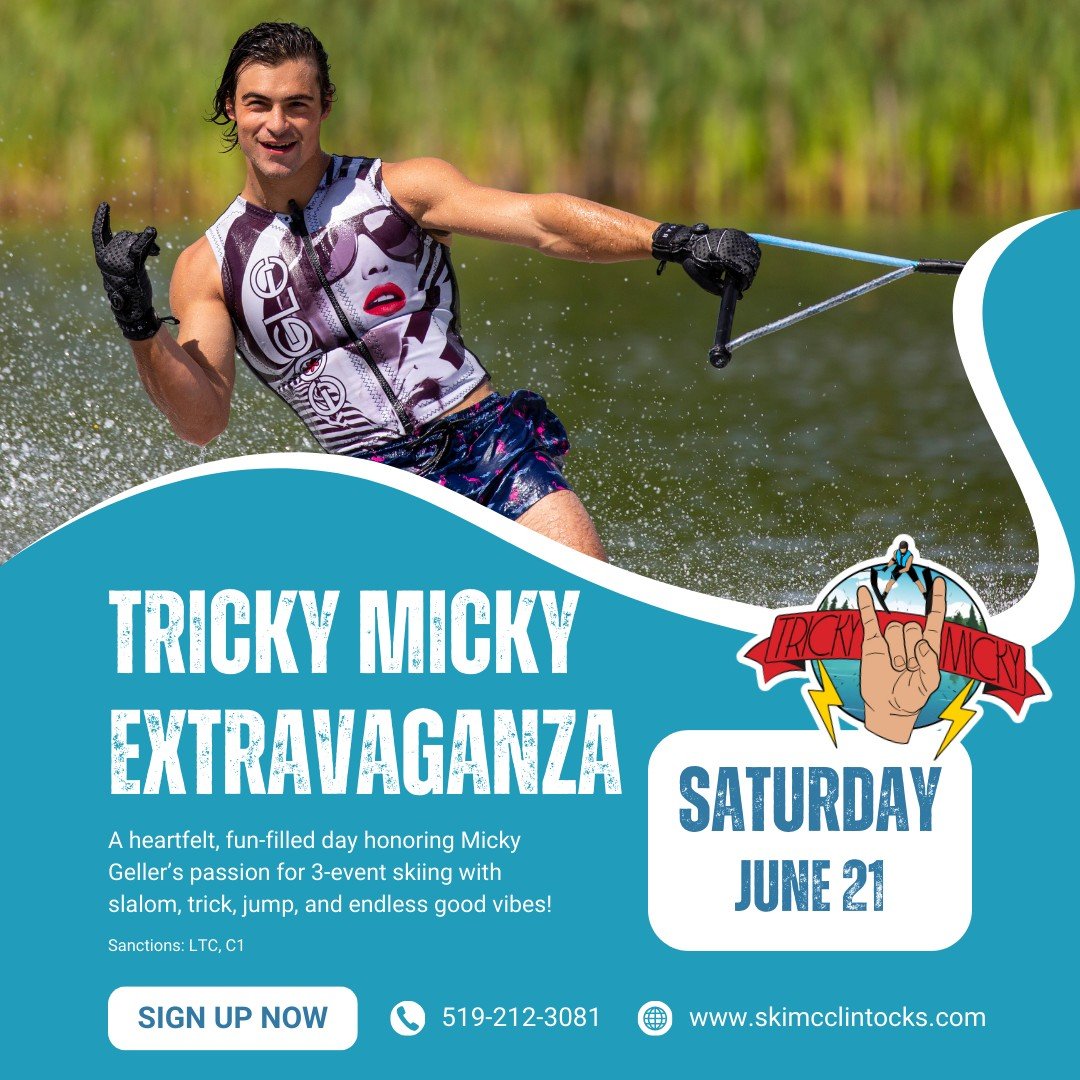 Honouring Micky. Celebrating 3-event skiing. 🎿 

Join us on Saturday, June 22 for the Tricky Micky Extravaganza&mdash;a full day of slalom, trick, and jump in memory of one of the sport&rsquo;s brightest lights. 

✅ 3-event tournament + bonus &ldquo