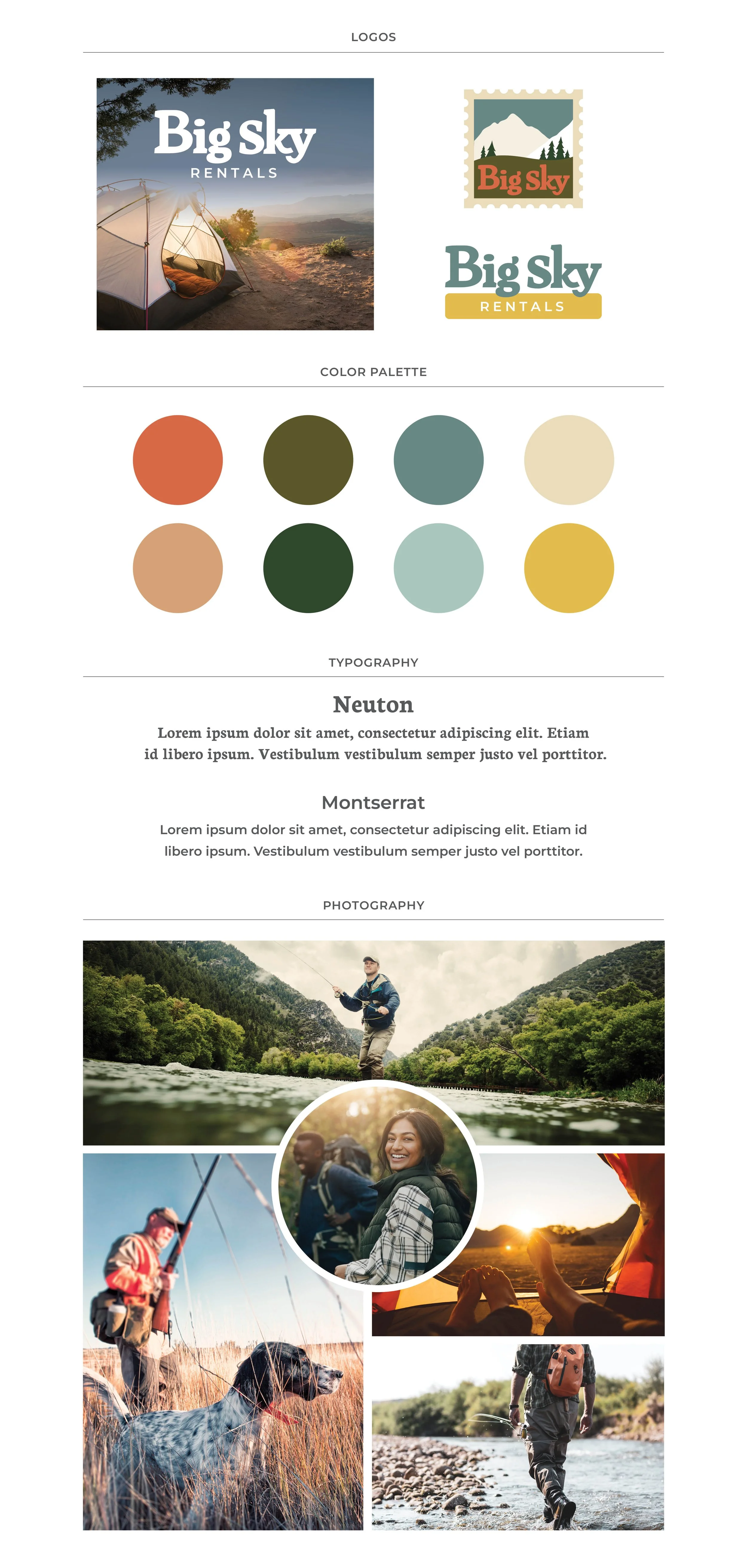 A collection of branding logos for Big Sky Rentals, featuring mountain and nature themes, along with a collage of outdoor photography including people fishing, hiking, camping, and exploring nature.