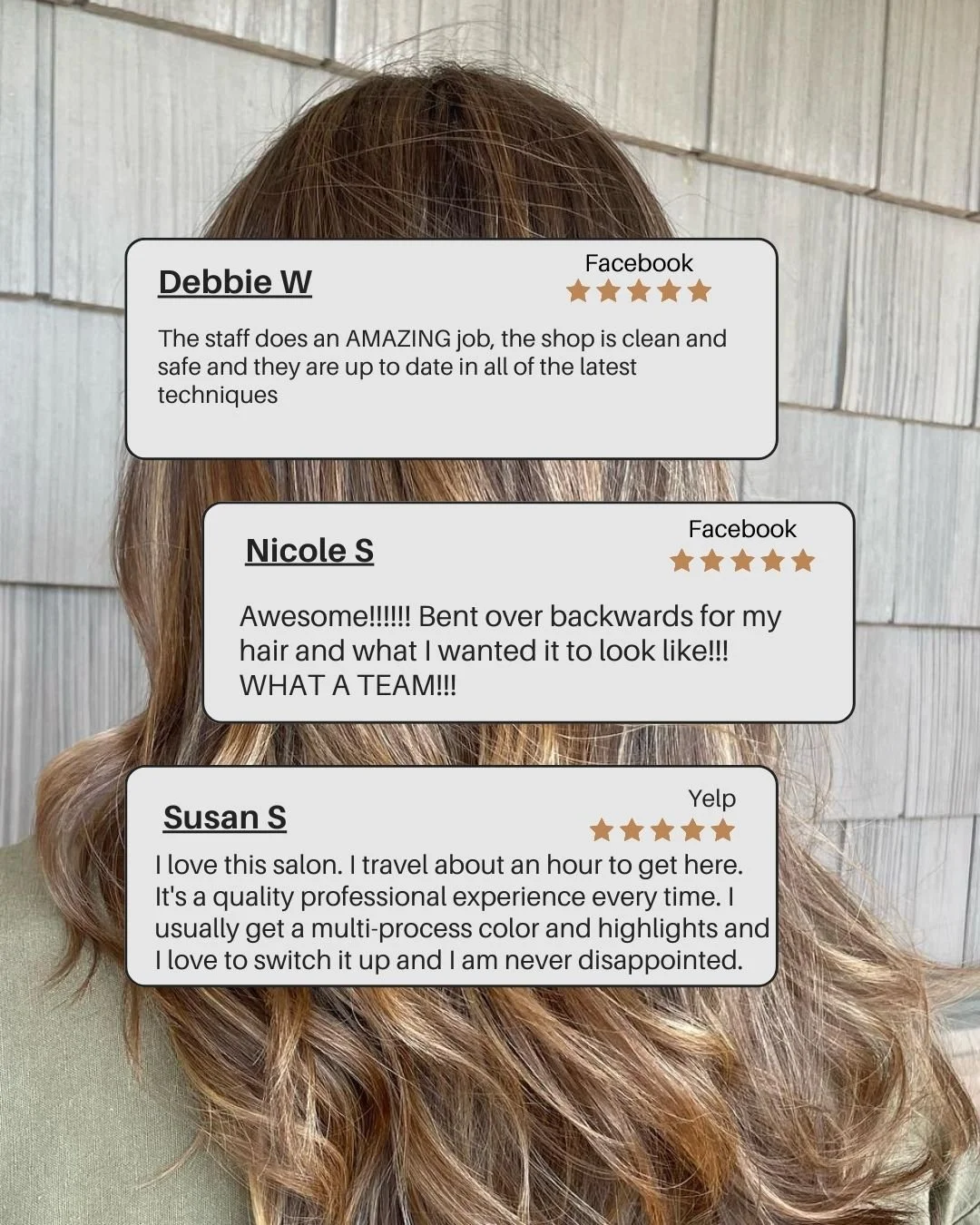 Screenshot of three customer reviews for a hair salon, overlaid on an image of a woman with long, wavy, light brown hair, standing in front of a wooden wall.