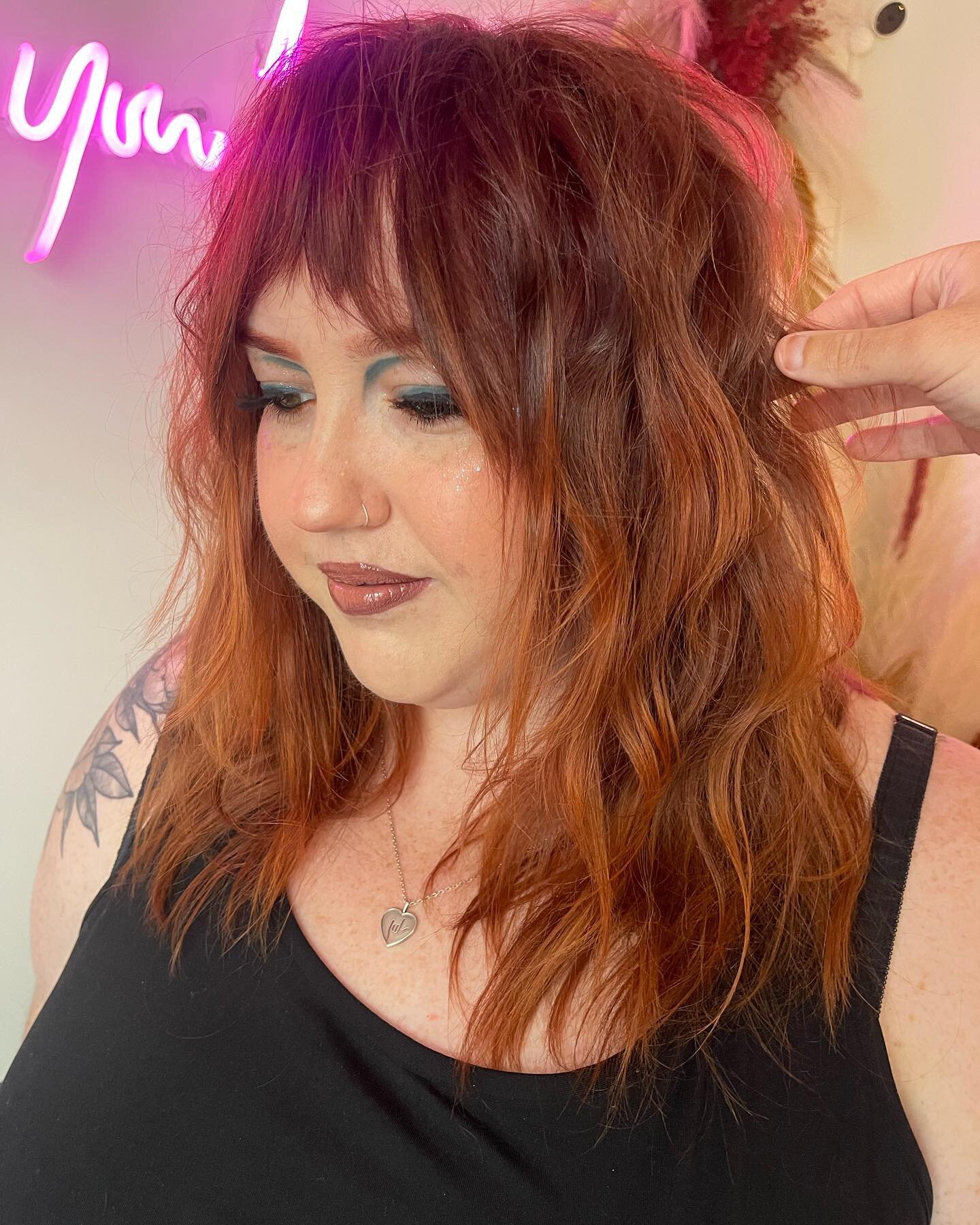 My gorgeous client Mary Beth after a color refresh and shag cut with a choppy short curtain bang and edgy makeup to polish off the look! You look so badass! 🥰. @murbs2010